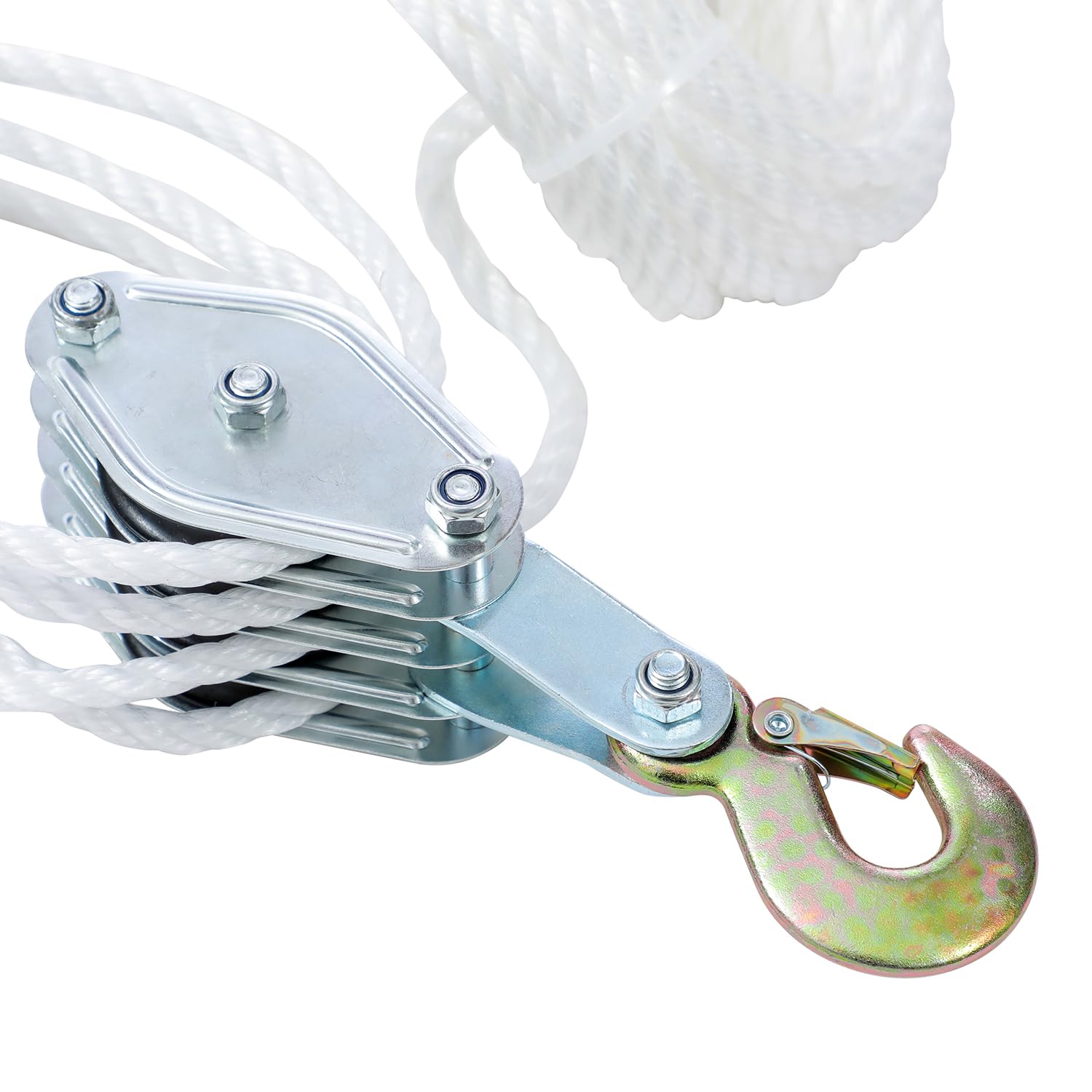 KATSU Tools Sistema di Carrucole per Sollevamento, Resistenza 4400lbs, Corda in Nylon 20m x 8mm, Ganci in Acciaio, per Garage e Costruzioni