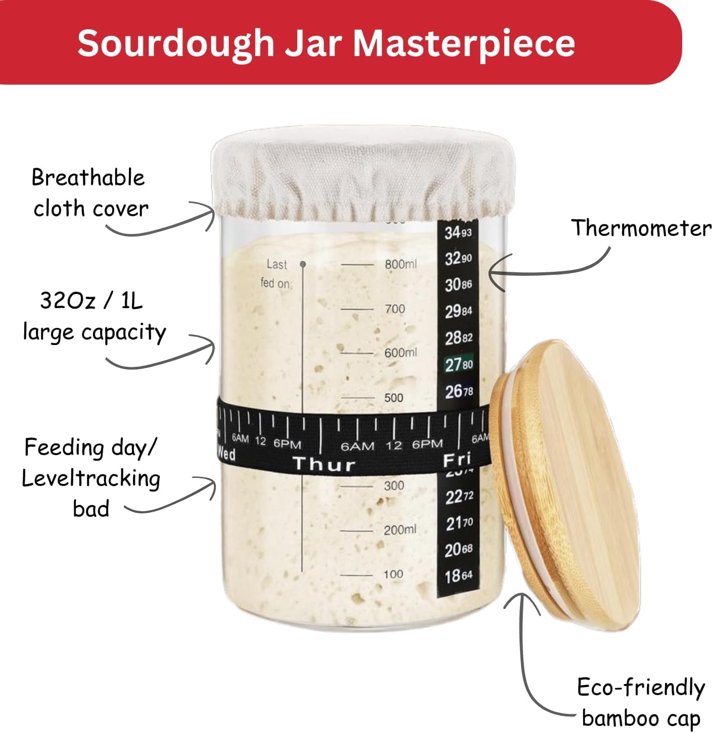Kit de démarrage au levain – Grand bocal en verre à large goulot de 950 ml, recette de levain, spatule, thermomètre, bande d'alimentation avec date marquée, couvercle en tissu respirant – Bocal de