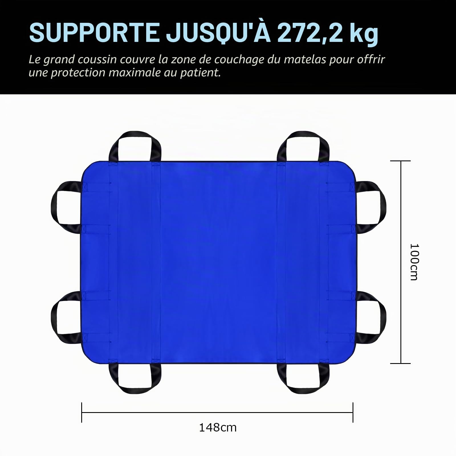 [LOSCHEN] Planche de levage pour patients, planche de transfert avec huit poignées, adaptée aux personnes en surpoids, aux personnes âgées et aux patients devant être transférés (bleu 100*148 cm).