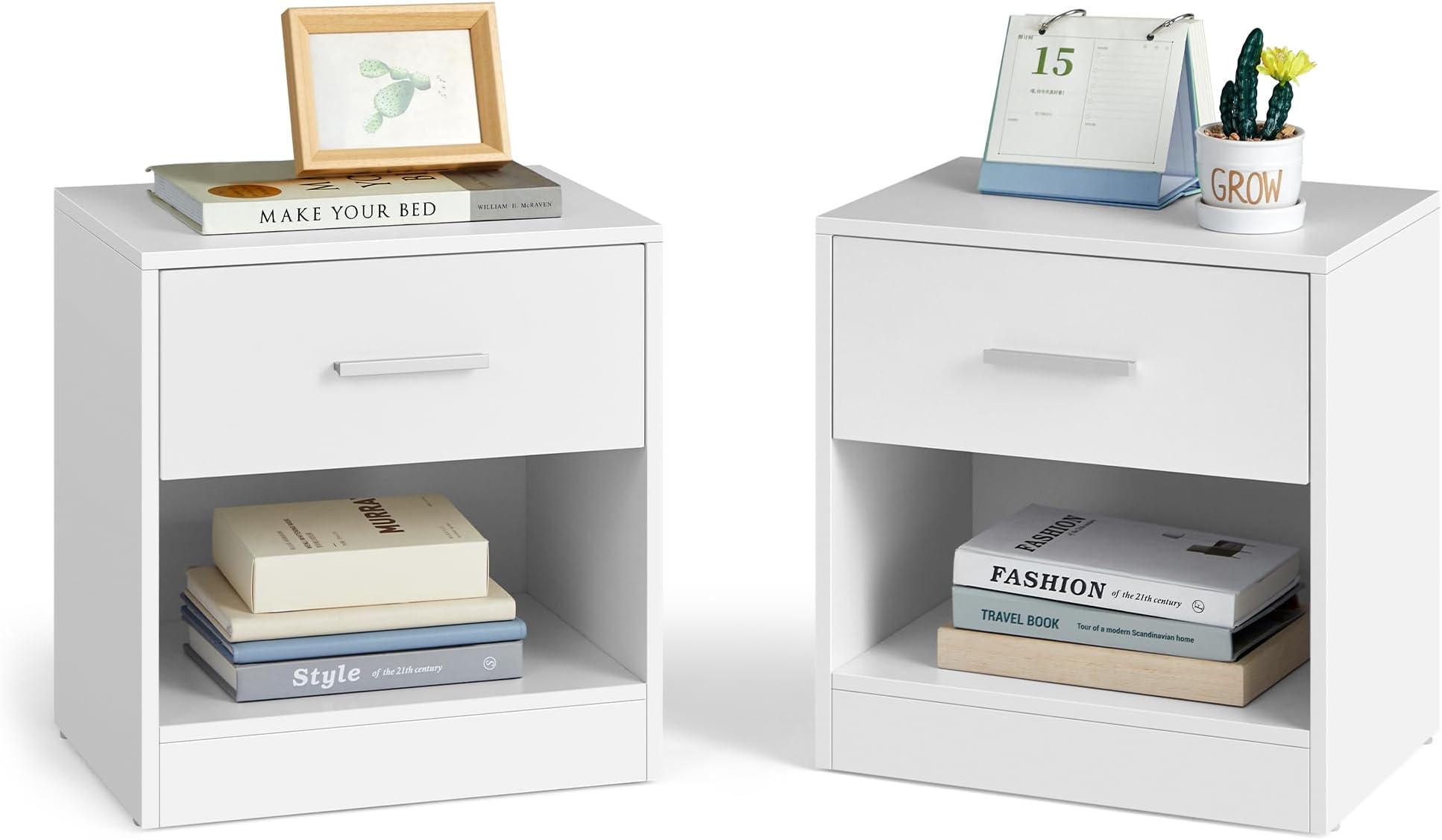 Lot De 2 Tables De Chevet ANOUK 2 Tiroirs Avec Niche Latérale Réversible Blanc Et Bois - Gamm Vert