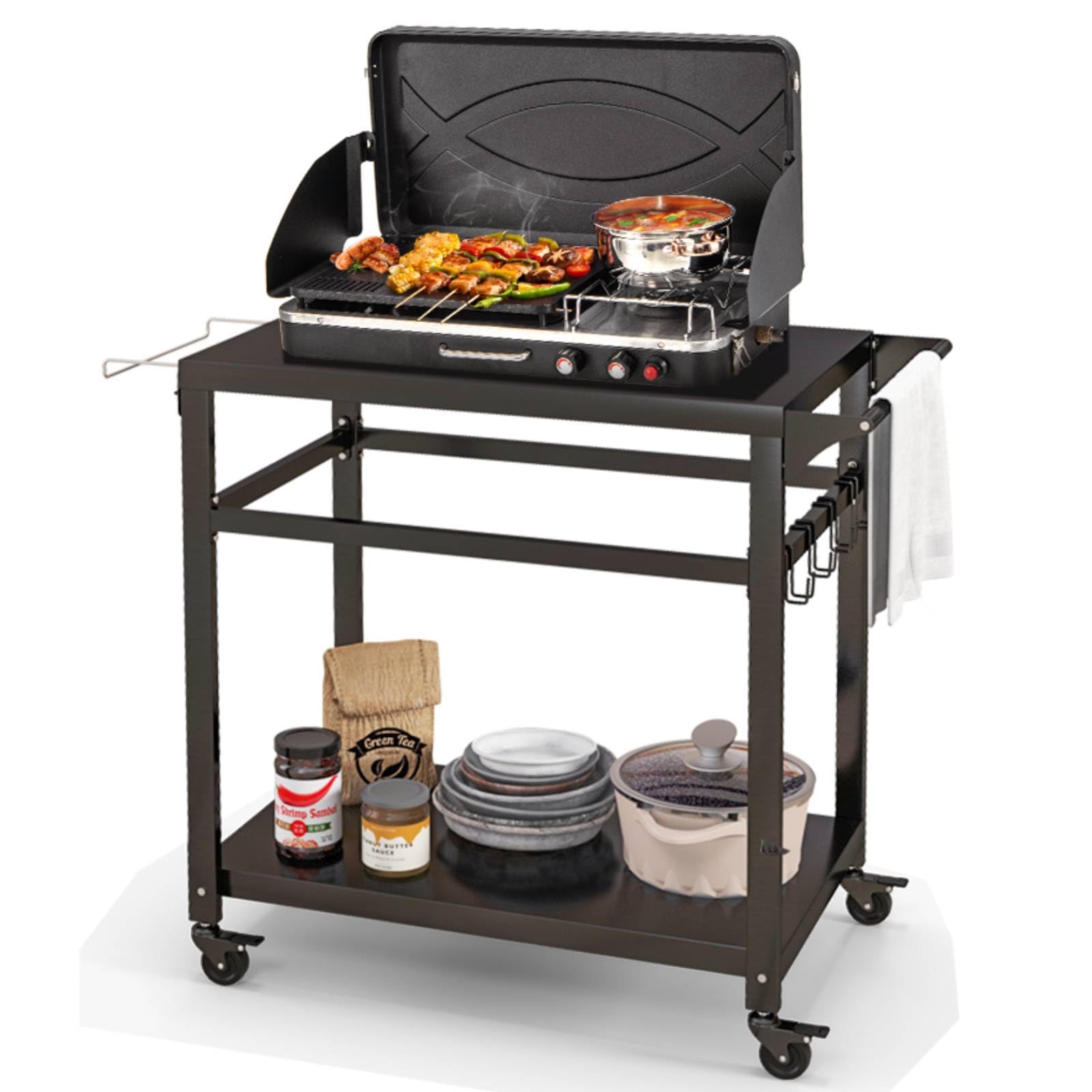 SFAREST Outdoor Grill Cart, Movable Pizza Oven Table BBQ Trolley with 4 Hanging Hooks & 4 Lockable Casters, Metal Garden Serving Cart for Patio Backyard (108 x 50 x 88 cm)