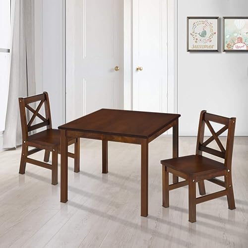 eHemco Juego de mesa y silla de madera maciza para niños (2 sillas incluidas), café, juego de 3 piezas