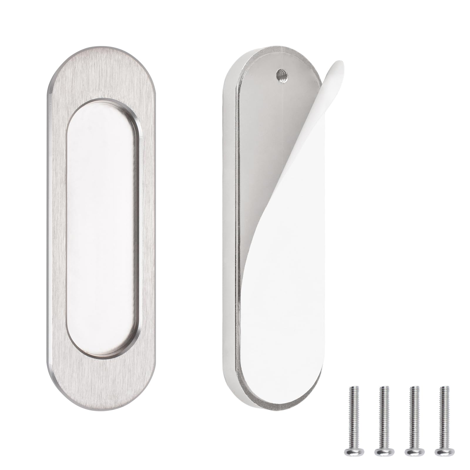 MOROBOR Self-Stick Oval Sliding Door Pulls, 2pcs Aluminum Alloy Hidden Recessed Pull Handle for Sliding Barn Door, Closet,Cabinet,Drawers (Brushed Steel, 100mm)