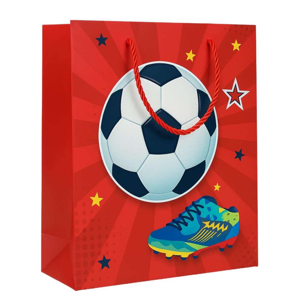 3D Football Gift Bag with Rope Handle | Red Sports Paper Carry Bag for Kids Birthday & Party Gifts || Medium Set Of 5-image-43