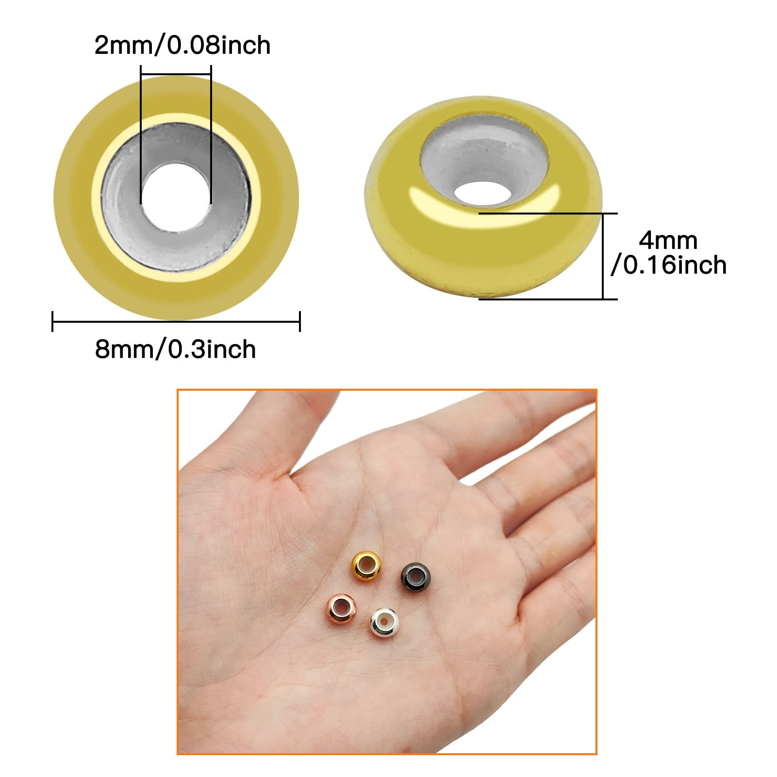 80 Stück 8 mm Stopperperlen mit Gummi innen, flache, runde Rondelle-Abstandsperlen, verstellbare Schieberverschlüsse, runde Perlen, Schmuckherstellung (2 mm Loch, 4 Farben)