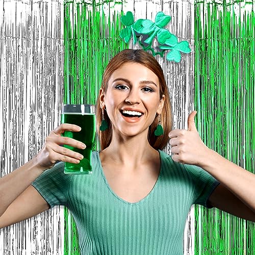 Image of 6 Pack Silver Green Foil Fringe Curtain Backdrop, 3.28Ft x 8.2Ft Metallic Tinsel Foil Fringe Streamer Curtains for Photo Booth, Christmas Day, Thanksgiving, Wedding, New Year Party Decorations