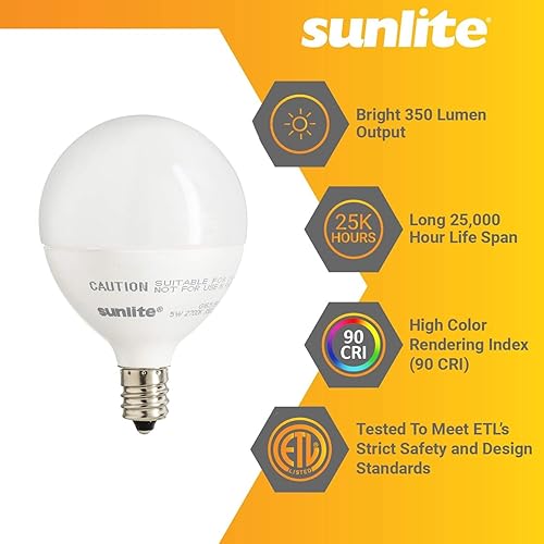 Miniatura 3 de Sunlite Bombilla LED G16.5 82041, 5 vatios (equivalente a 40 W), 350 lúmenes, 90 CRI, base de candelabro (E12), escarcha, regulable, Energy Star,