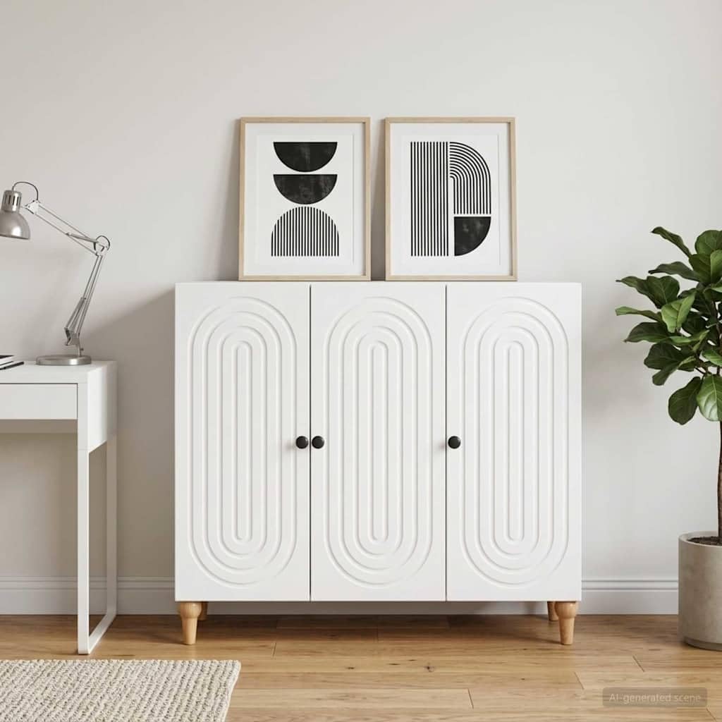 Biały kredens 89 x 34,5 x 80 cm, materiał drewnopochodny z 3 drzwiami, 2 półki, nowoczesny design, miejsce do przechowywania, uniwersalny do kuchni, salonu, biura, jadalni, korytarza, trwały