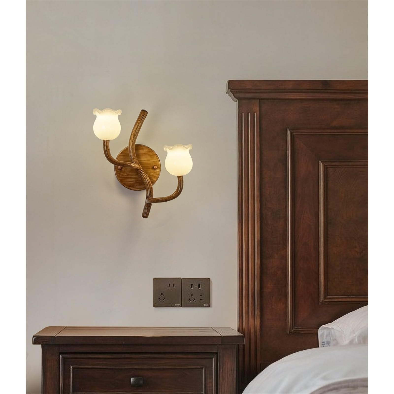 Rustic Twig Shape Double Flower Wall Sconce Resin Iron Lamp Applique