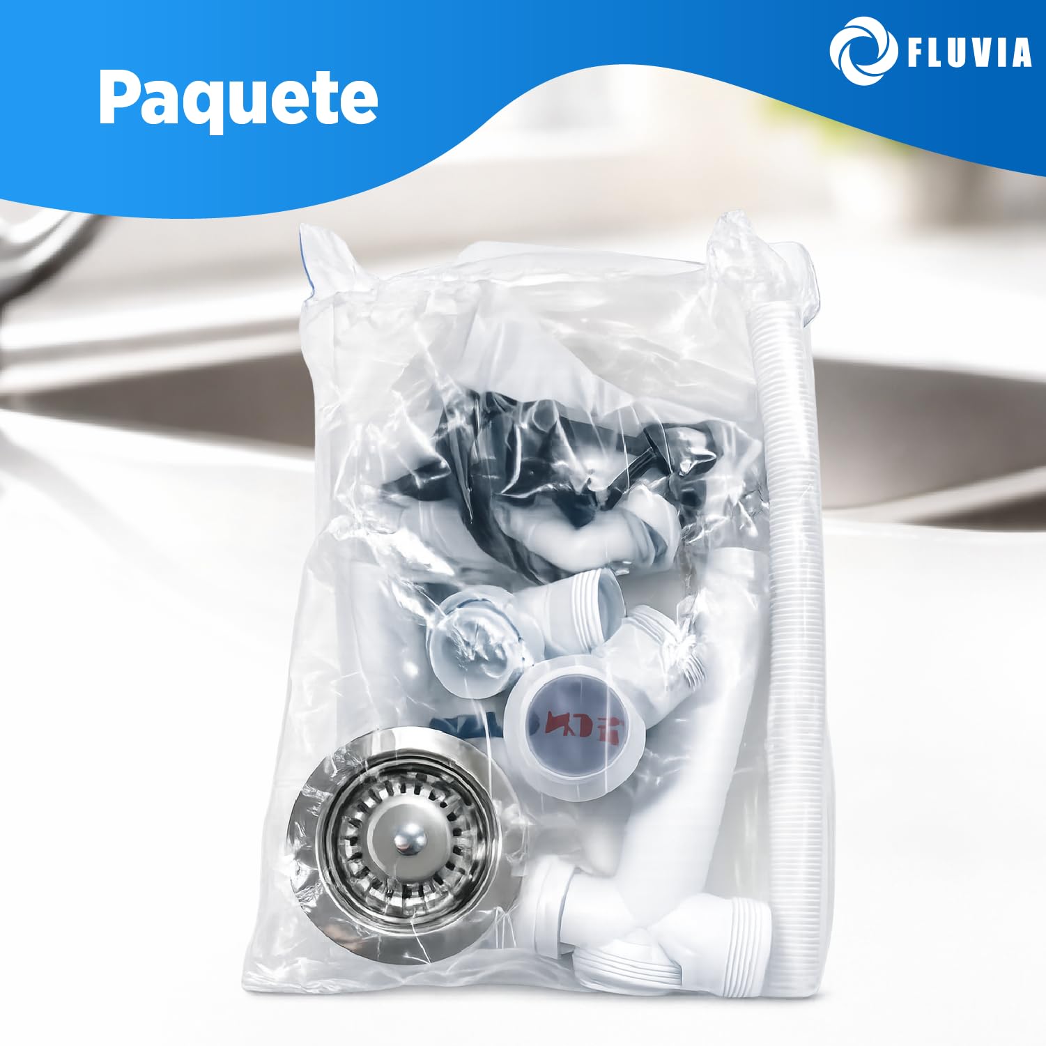 Sifón Fregadero Ahorro de Espacio Ø115 mm con Válvula Cesta Metálica para Cocina Desagüe Compacto Tipo Botella 1 172 x 40 mm Ideal para Muebles con Cajones Instalación Fácil FLUVIA