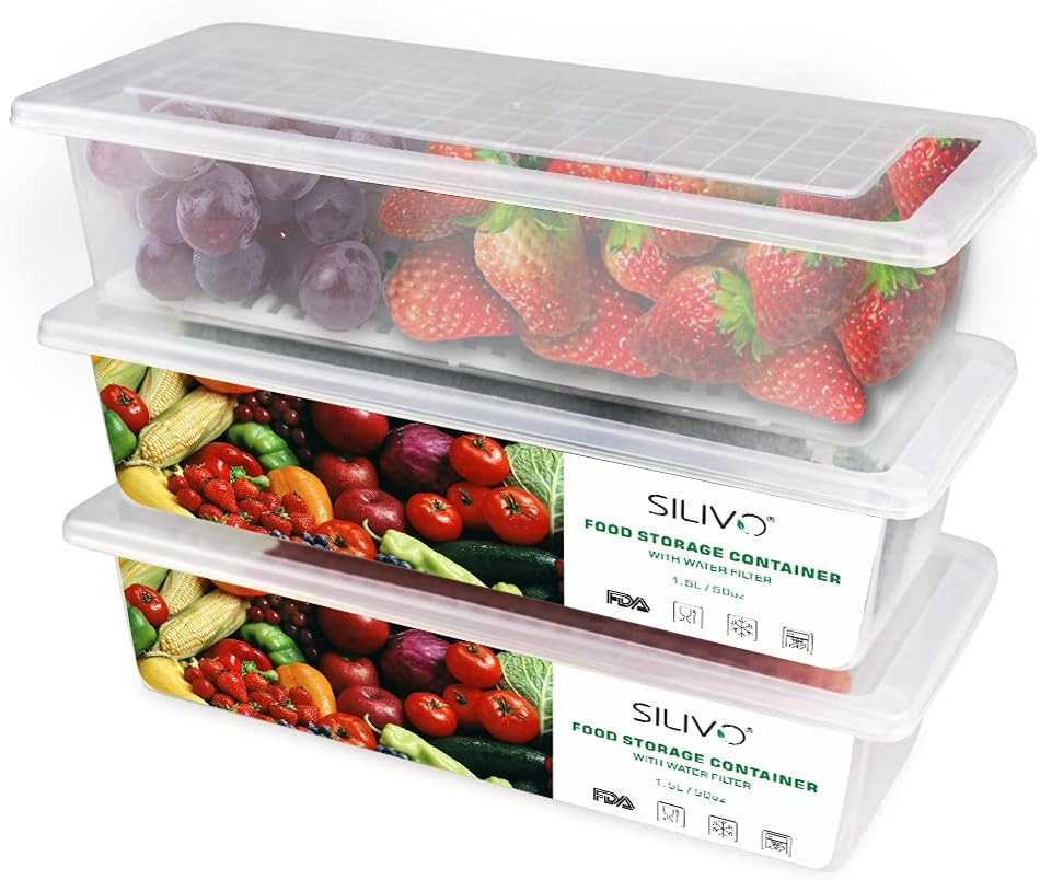Fridge Organiser with Lids, SILIVO Food Storage Containers with Draining Grid, Fridge Organiser for Storing Fresh Fruit, Vegetable and Cheese (3 x 1.5L)