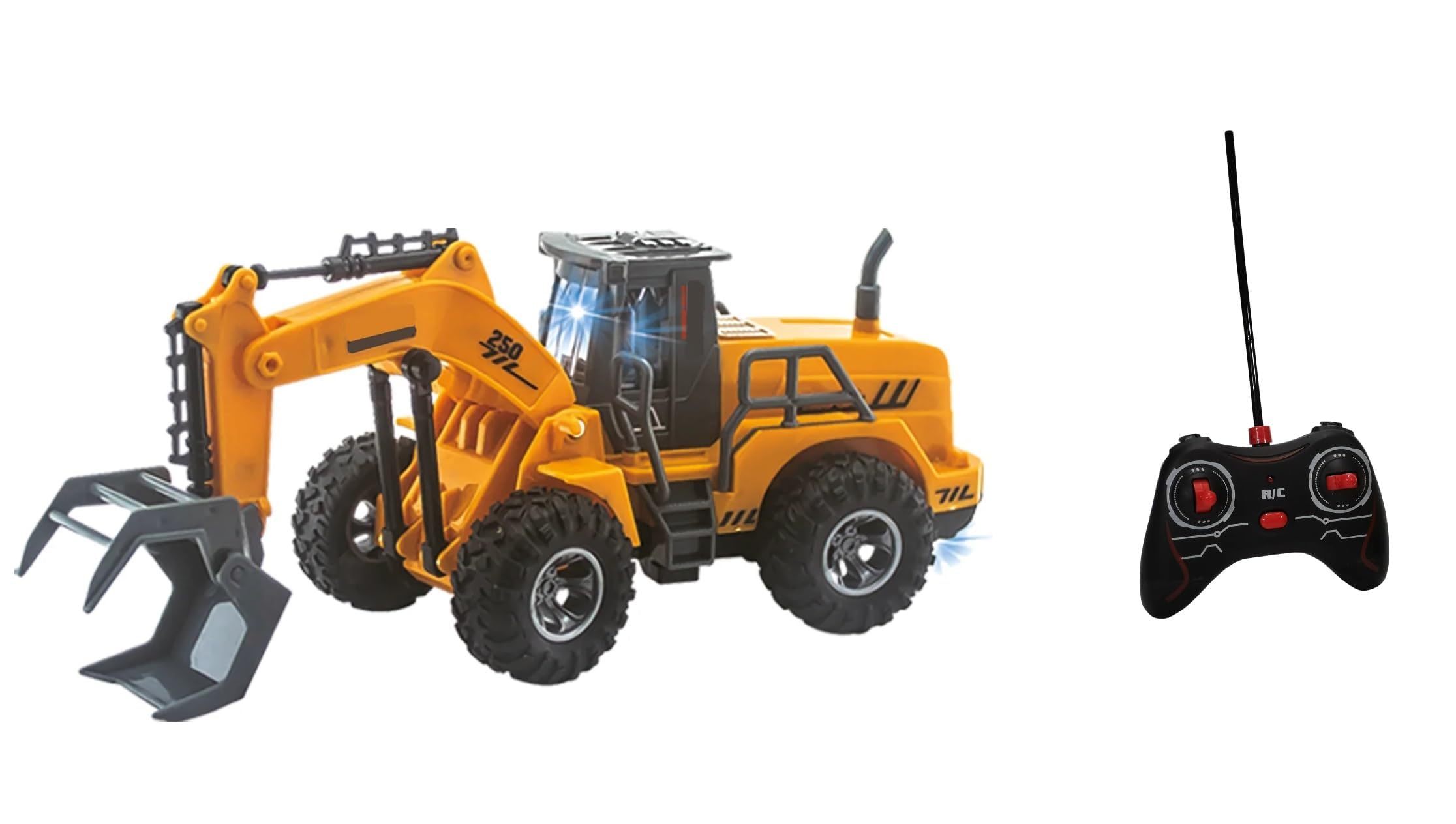 Ruspa Escavatore Giocattolo Radiocomandato RC con Luci LED Mezzi Cantiere Telecomandati Bambini Bulldozer Trattore Scavatrice Ruspa Radiocomandata Mezzi Lavoro Martello Pneumatico Porta Tronchi (B)
