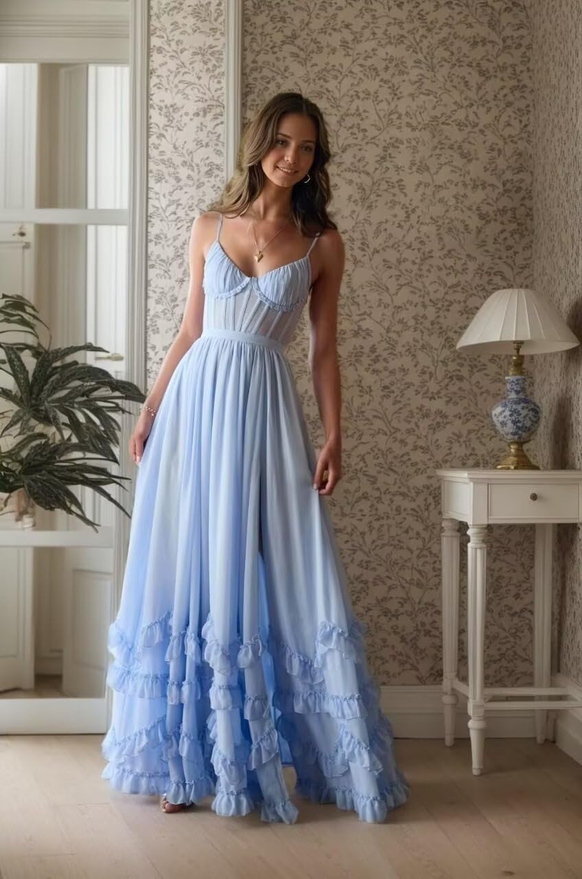 Women's V Neck Chiffon Bridesmaid Dresses Long Ruffle Maxi Formal Evening Dress VS220 - Image 5