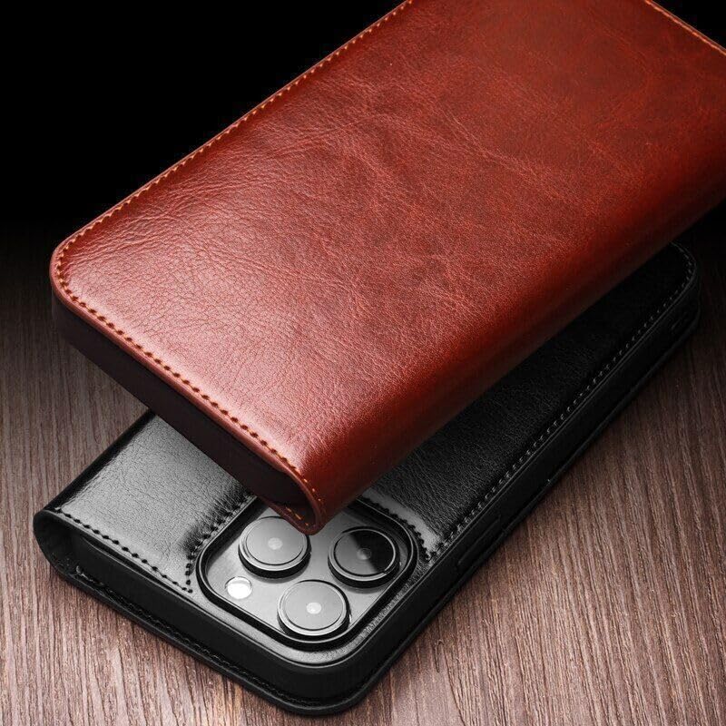 Étui iPhone 13 marron en cuir véritable à rabat magnétique chic