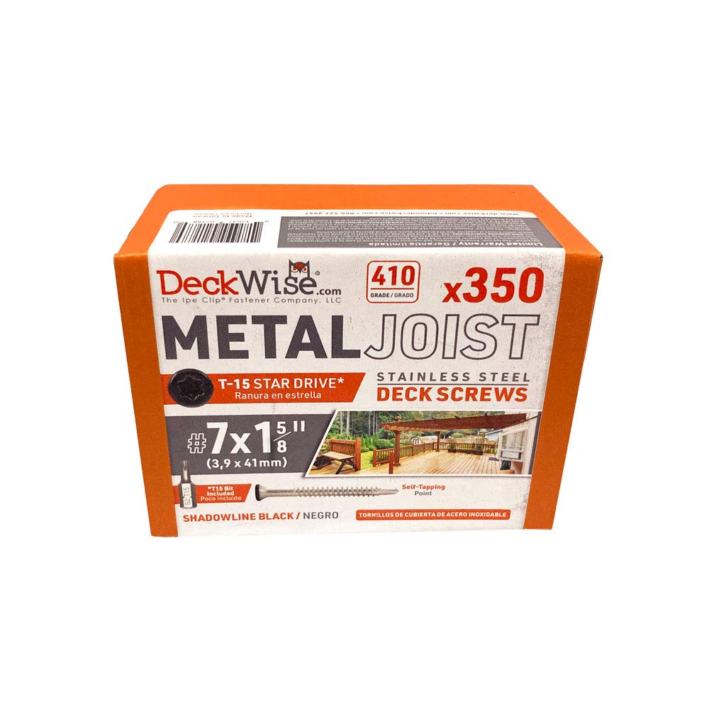 DeckWise Tornillos autorroscantes #7 x 1-5/8 pulgadas para vigas de metal, cabeza negra 410 acero inoxidable T15 cubierta 100 pies cuadrados de cubierta (350 unidades)