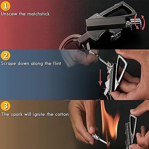 Miniatura 4 de Llavero multifunción con arranque de metal pedernal y abridor de botellas, encendedor recargable de queroseno, Negro -