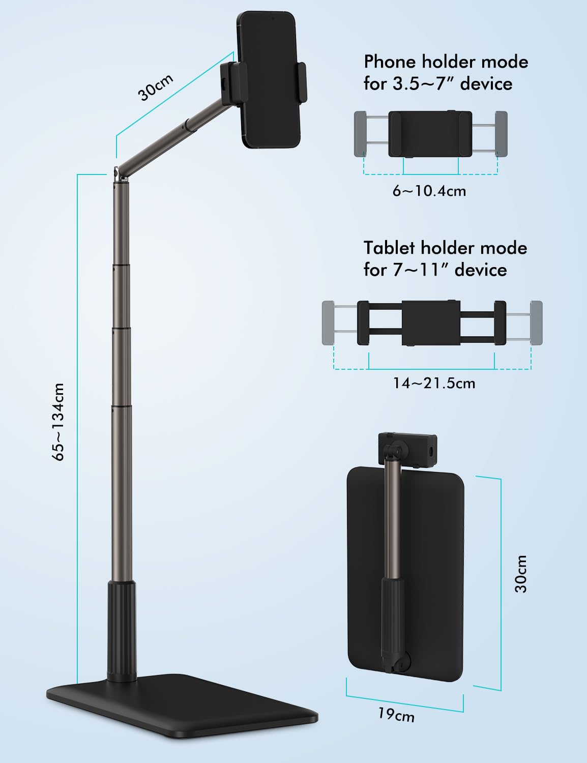 Viozon Supporto da pavimento per tablet e telefono, flessibile a braccio lungo, angolo regolabile a 360°, in lega di alluminio, comodino, divano, tavolo, scrivania, compatibile con iPad, Kindle,