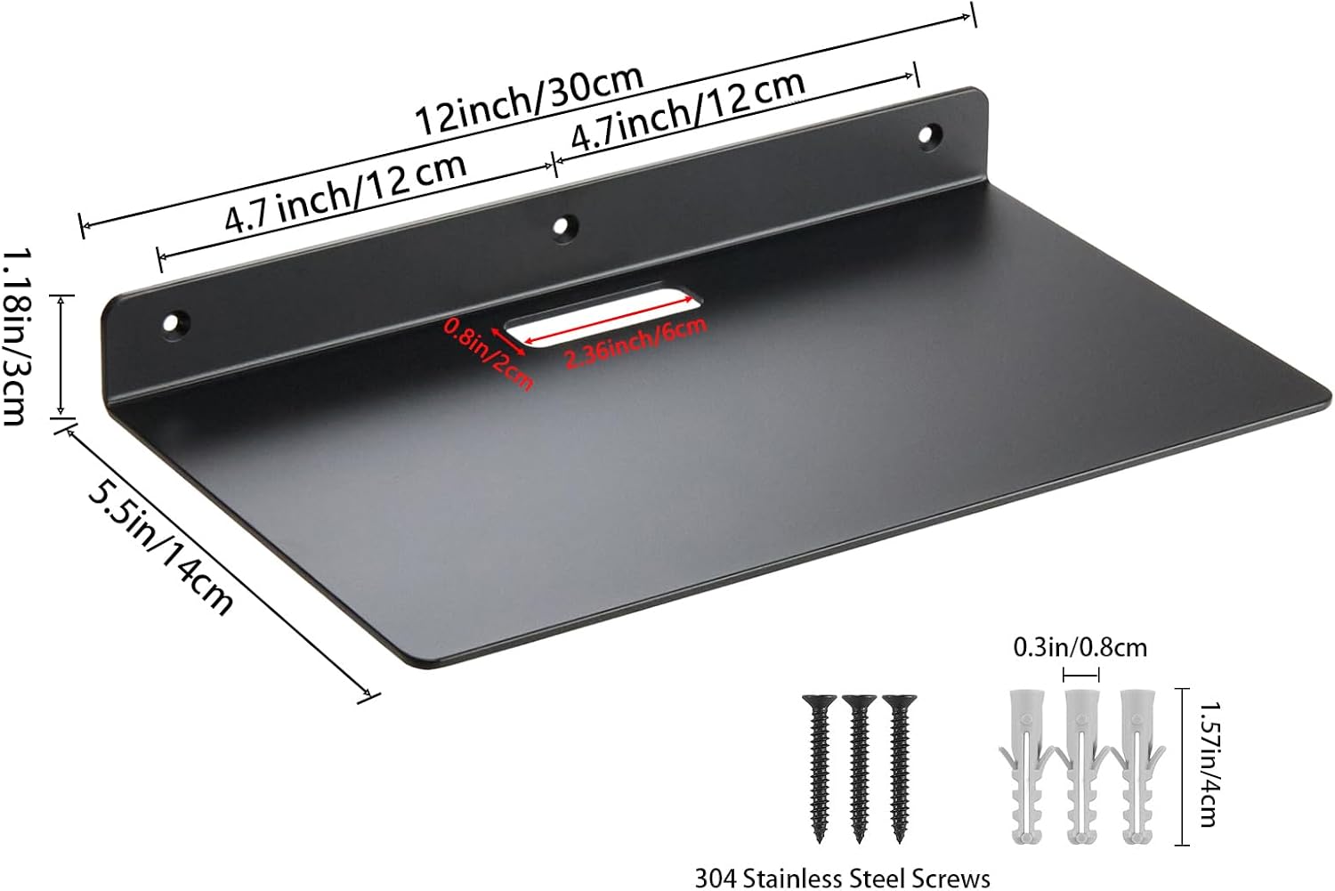 Small Wall Shelf,3.0mm Aluminum Alloy Small Floating Shelf,for Bathroom, Bedroom, Living Room, Kitchen,Office(12’ Floating Shelf with Hole)