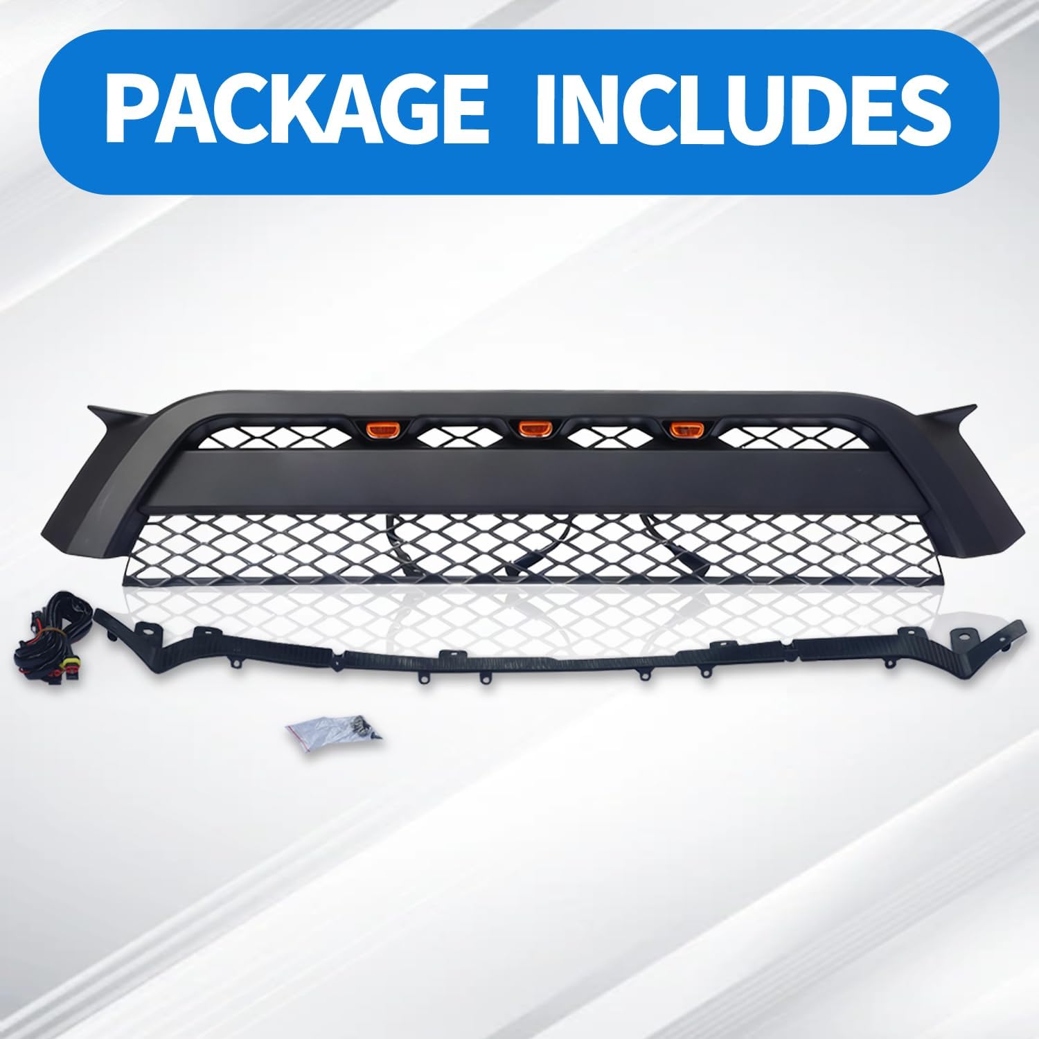 Front Grille for 4Runner 2012 2013 2014 2015, Front Upper Bumper Mesh Grill Replacement with 3 Amber LED Lights Accessories, Matte Black, 1 Set