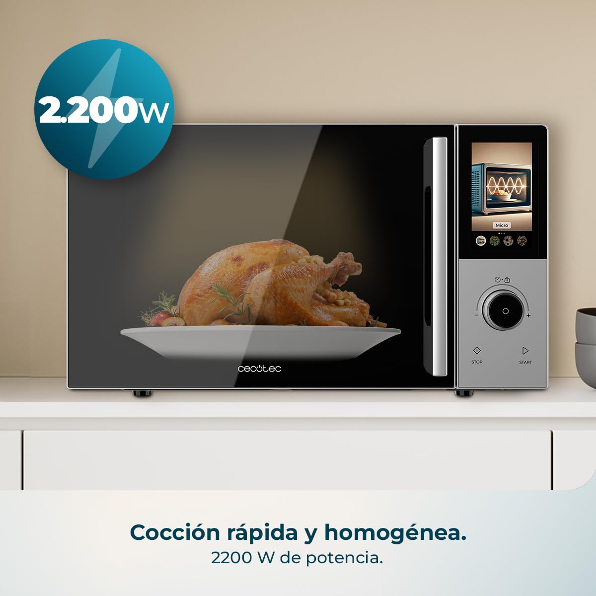 Cecotec Microondas Digital Táctil con Grill 25L Convection 2500 Touch. 900W, Grill 1200W, Control Táctil, Convección 2200 W, 8 Programas, Temporizador 60min, Plato Giratorio 315 mm, Seguro