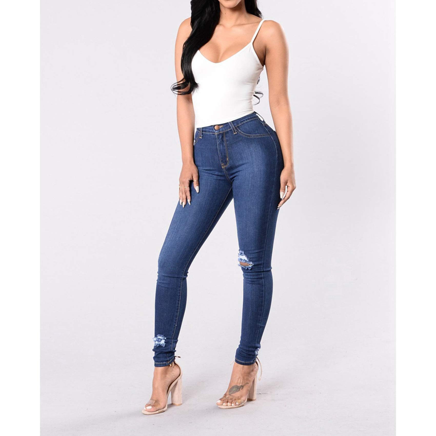 Jeans Push-Up De Cintura Alta Jeans Ajustados para Mujer Jeans Ajustados EláSticos Rasgados Sexy Retro