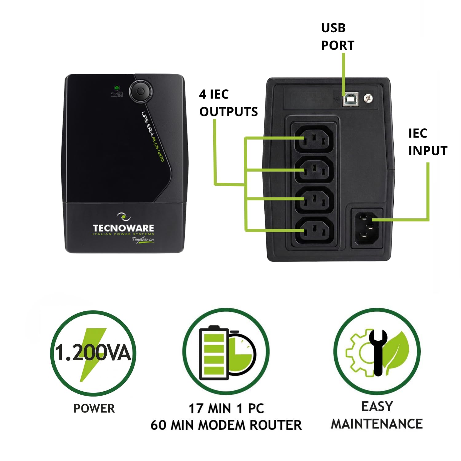 Tecnoware Power Systems UPS 1200VA per PC/Modem, NO Gaming NO Console, Gruppo di Continuità ERA PLUS, 4 IEC, Software, Protezione Blackout e Sbalzi per PC/Modem, Videosorveglianza, Cassa, NAS, POS