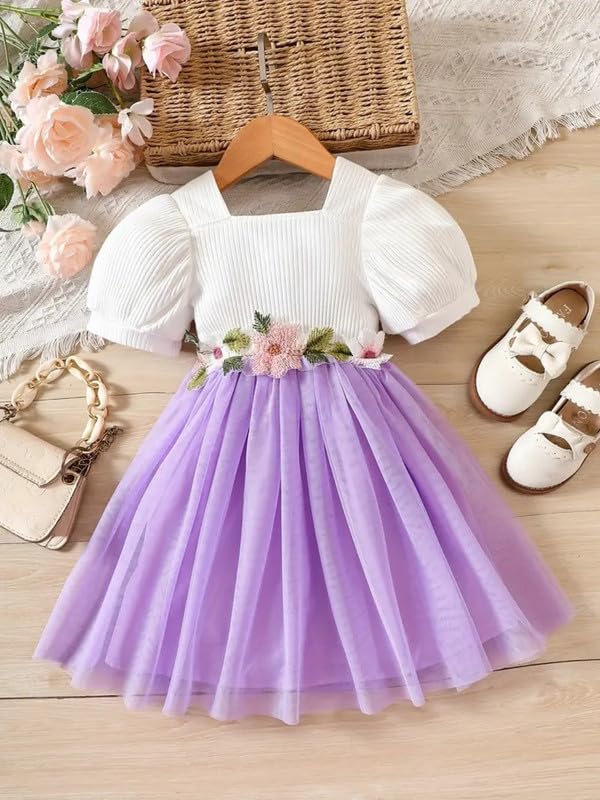 Image of Niren Enterprise 1019 Floral Embroidery net and Modal Short Sleeve Baby Girl Frock