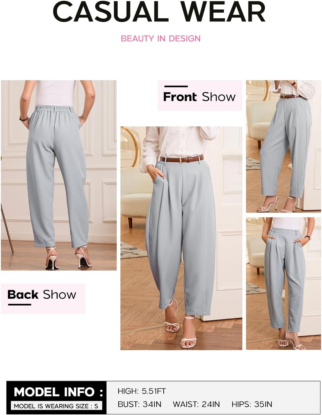 EVALESS Womens Wide Leg Barrel Pants Elastic High Waisted Business Casual Work Pants Trousers with Pockets - Image 4