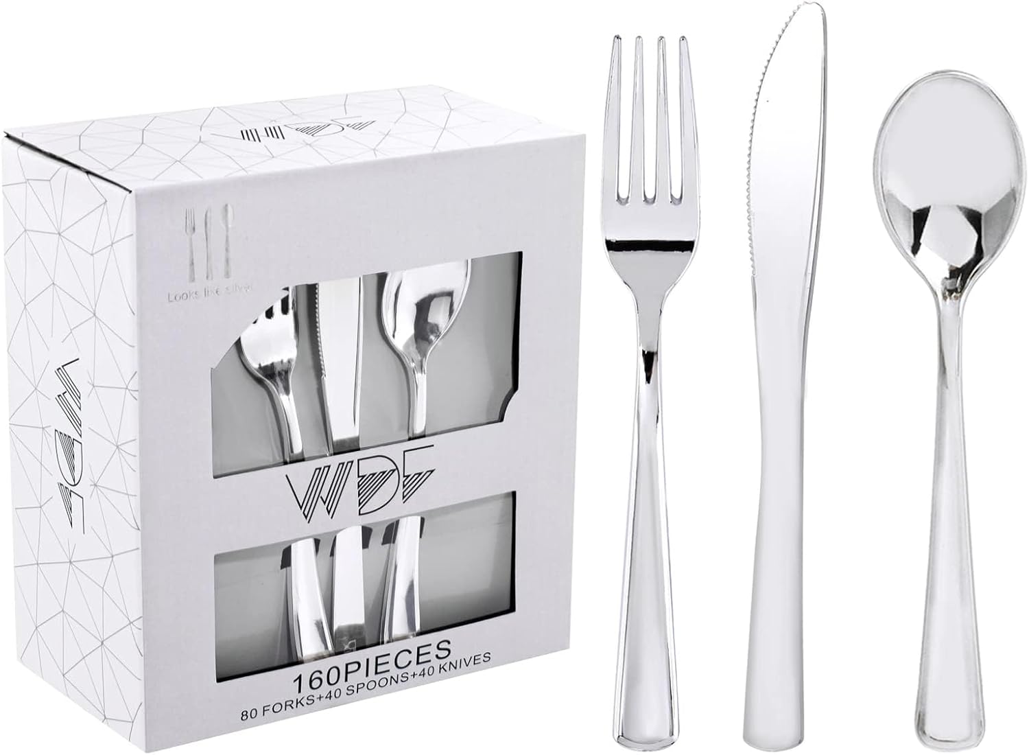 WDF 160 Pieces Silver Plastic Silverware - Silver Disposable Silverware - Plastic Silverware Heavy Duty - 80 Forks 40 Knives 40 Spoons - Disposable Cutlery Perfect for Party Baby Shower Wedding Spring