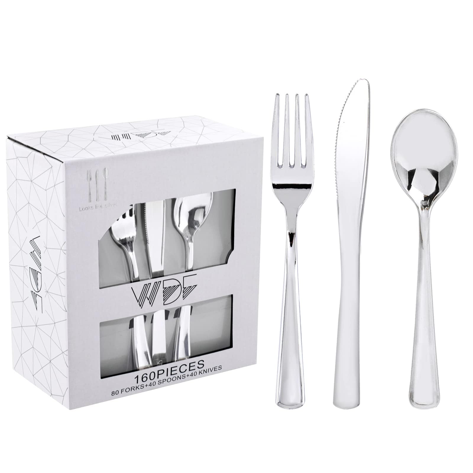 WDF 160 Pieces Silver Plastic Silverware - Silver Disposable Silverware - Plastic Silverware Heavy Duty - 80 Forks 40 Knives 40 Spoons - Disposable Cutlery Perfect for Wedding Party Valentine's Day