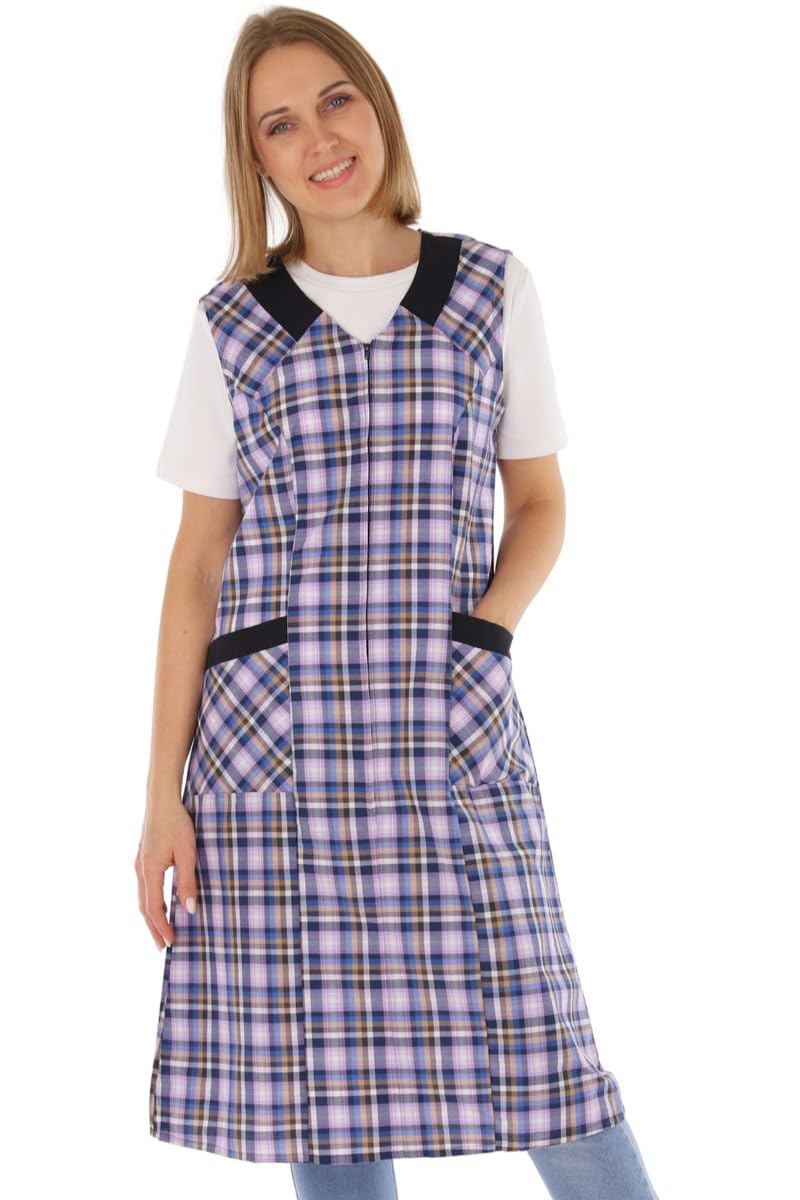 Camice con chiusura lampo, camice da donna, grembiule senza maniche, grembiule da cucina, grembiule da cucina, grembiule da casa, camice da donna, a quadretti, cotone/poliestere