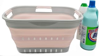 SAMMART 19L (5 gallon) Collapsible Super Mini 3 Handled Plastic Laundry Basket - Foldable Pop Up Storage Container/Organizer - Space Saving Hamper/Basket (1, Grey/Pink)