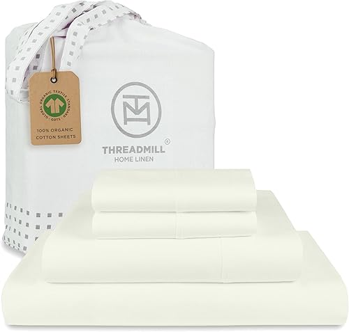 Threadmill Sábanas 100% algodón orgánico, tamaño Queen, 4 piezas, color marfil, certificado por GOTS, juego de sábanas suaves y refrescantes con