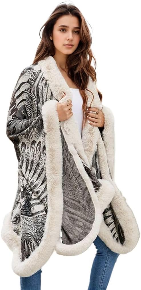 Peacock Pattern Faux Fur Shawl for Women Fur Trim Cardigan Cloak Coat Fur Collar Poncho Cape Wraps for Evening Dresses - Image 3