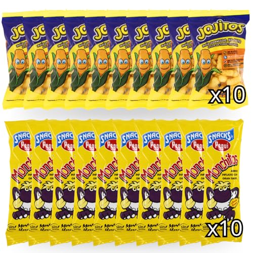 Pack Jojitos + Monchitos - 10 Bolsas Gusanitos Aperitivo de Maíz 7gr + 10 Bolsas Arroz Inflado Horneado Sabor Jamón 10gr.