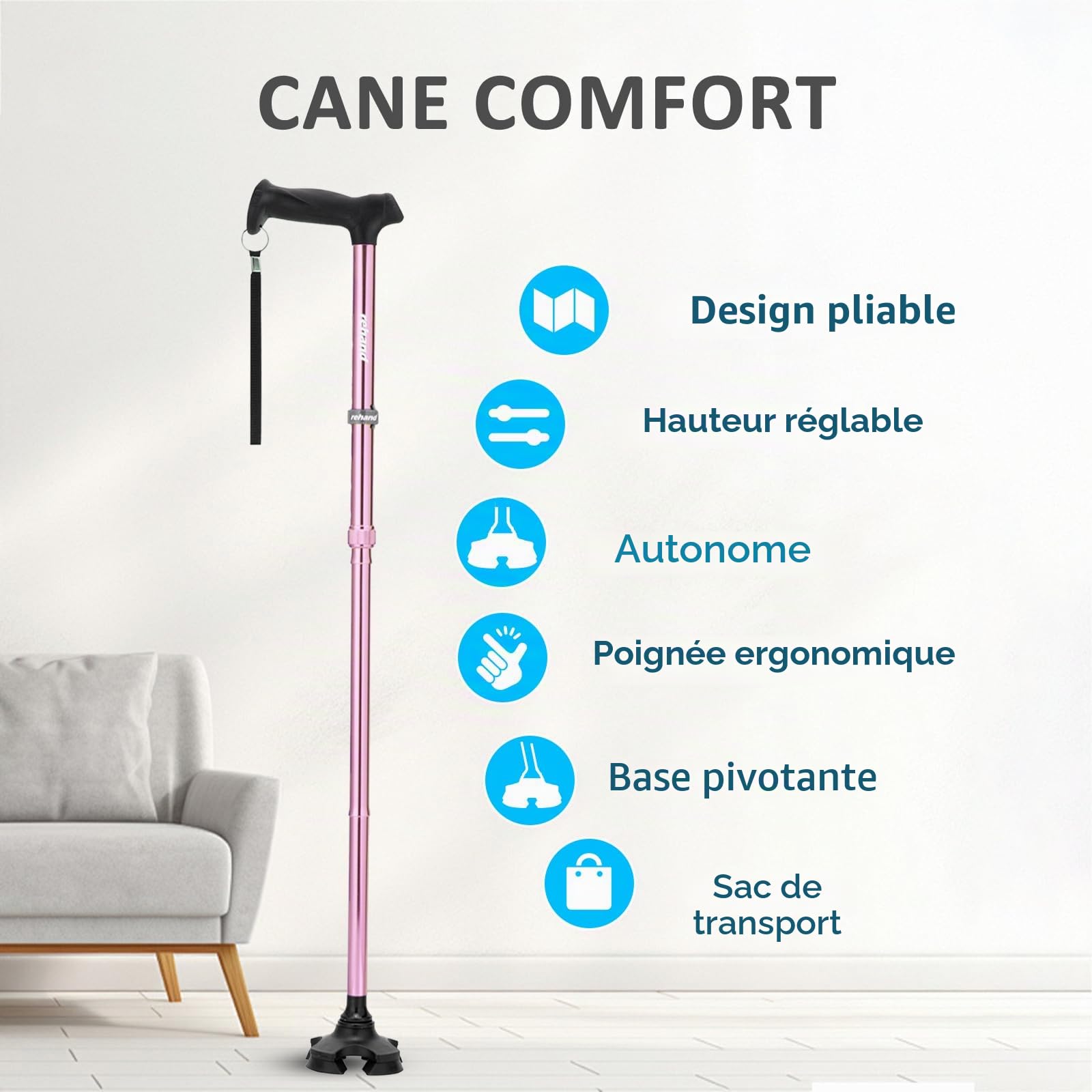 Rehand Canne de Marche pour Homme et Femme – Pliable, Réglable, Légère, Pivotante Autoportante, Poignée Douce, avec Sac de Voyage, Canne de Marche pour Personnes âgées et Adultes
