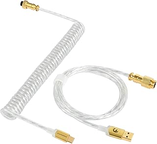 MAMBASNAKE C02 Coiled Keyboard Cable, Custom USB-C Cable for Mechanical Keyboard, Double-Sleeved TPU Spring Cable for Gaming Keyboard, Type-C to USB-A, Detachable Gold Aviation Connector - Transparent