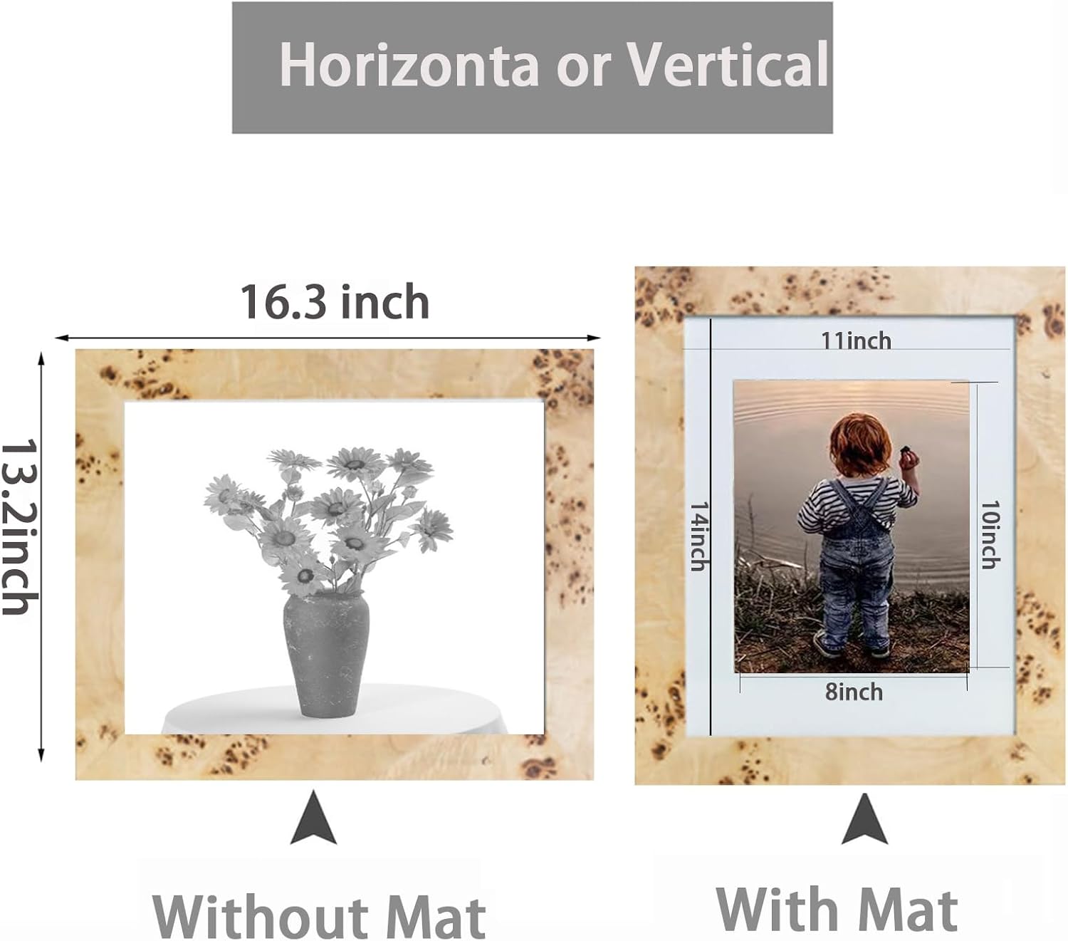 3 Pack Burlwood Wood Photo Frames Picture Frames Burl Wood Picture Frames - NATURAL FINISH Picture Frames for Family Photos - Elegant Wall Hung Decor in Bulk (11x14 matted to 8x10)