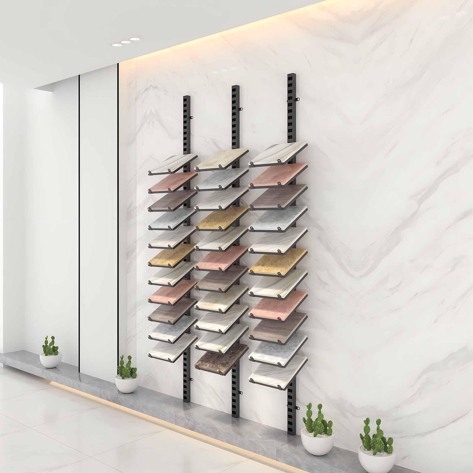 Espositore per Piastrelle in Ceramica, scaffale espositivo Nero per Piastrelle in Ceramica, ripiano Organizer in Legno da 240 cm per Piatti e Campioni, Perfetto per supermercati e fiere dell