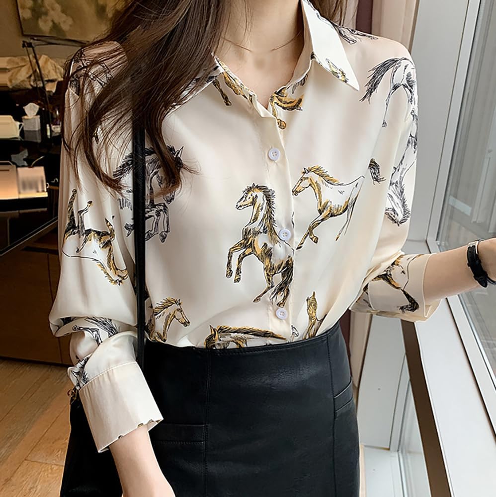 XYGJZ Womens Vintage Horse Print Long Sleeve Button Down Shirt Western Shirts - Image 3