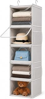 Vailando 5-Shelf Hanging Closet Organizer with Clear Dust Covers, Gray | Individual Clear Covers, Reinforced PP Shelves, 4 Side Pockets and Anti-slip Front Bars for Clothes, Shoes and Purses