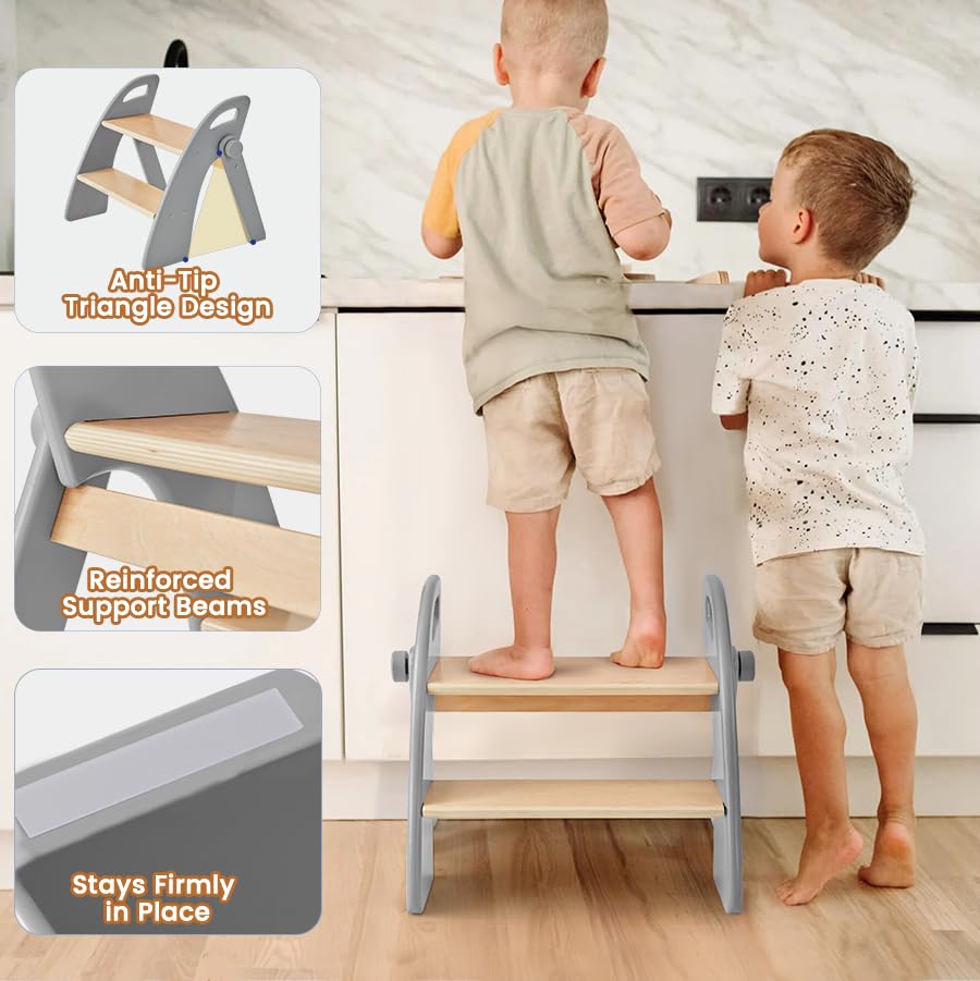 Wooden 2 Step Stool for Toddlers, Foldable 2-Step with Non-Slip Pads and Handles, Bamboo Step Stool for Kids Bathroom Sink and Potty Training, Kitchen Helper, Nursery Bedroom (Grizzly) thumbnail