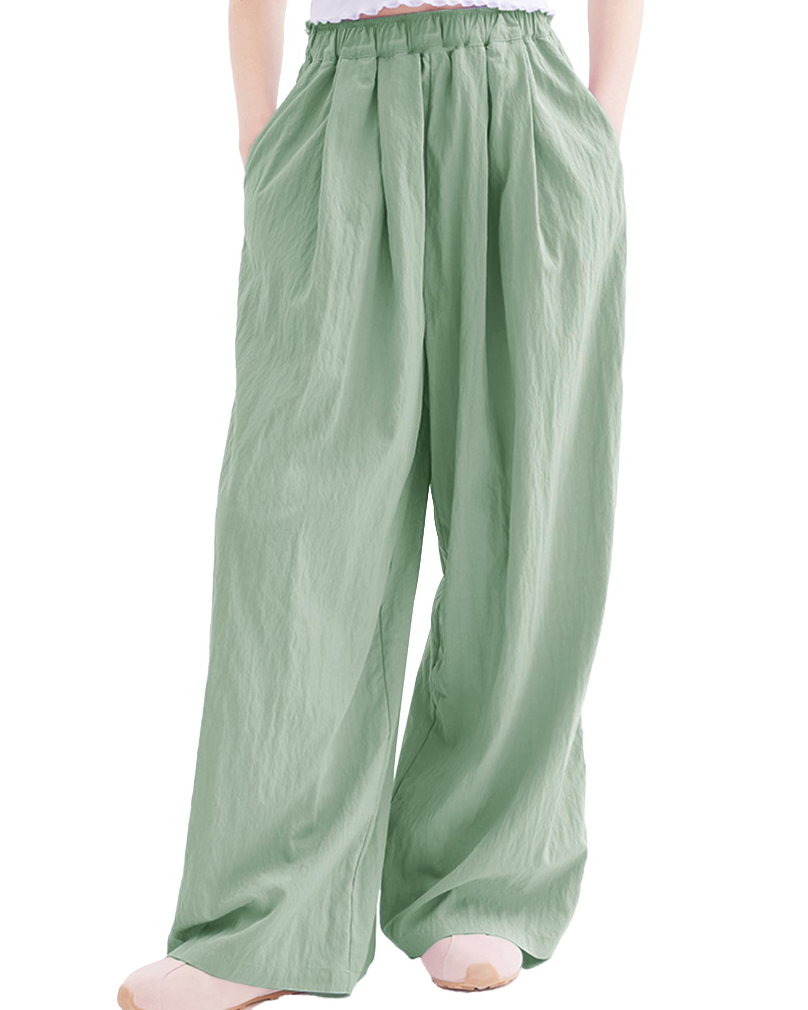 Rolanko Girls Wide Leg Pants Flowy Palazzo Pants for Girls Kids Linen Trousers Loose Fit Casual Beach Travel 6-15Y