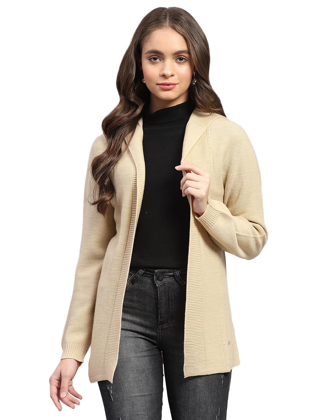 monte carlo Womens Self Design Front Open Wool Blend Cardigan Black-picture-22