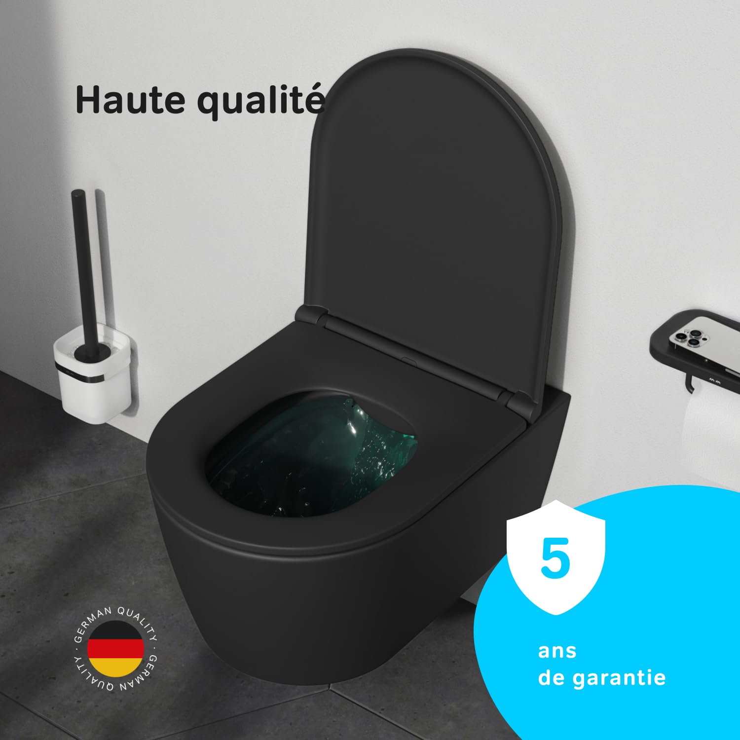 Pack WC suspendu Kit complet de WC suspendu, élément de paroi avant montage Prime Fit + WC mural noir sans rebord de chasse+ plaque de déclenchement + abattant WC avec système d'abaissement