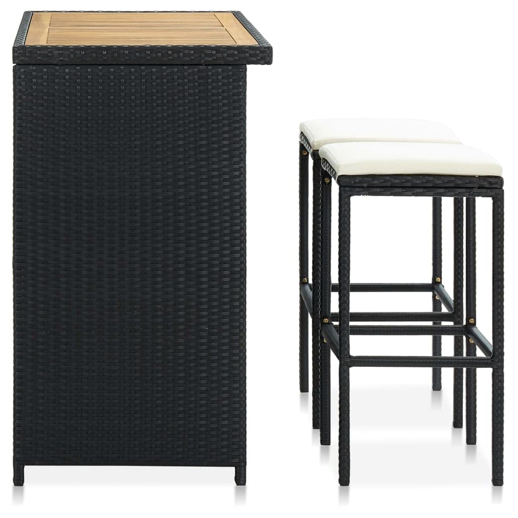 Set da bar da 3 pezzi con struttura in acciaio e rattan sintetico, set da bistrot con piano in legno massello di acacia, include cuscini con rivestimento in poliestere rimovibile e due