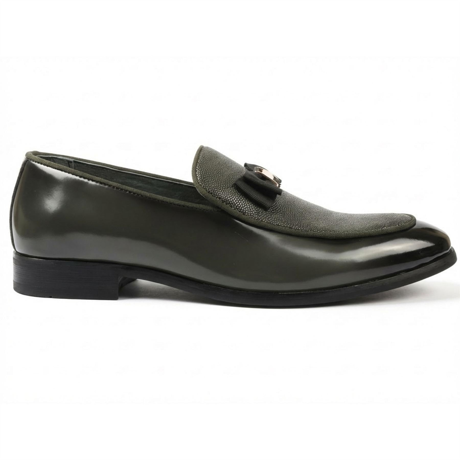 Mocasines formales de vestir para hombre, de piel sintética, texturizada, con hebilla icónica y lazo moderno