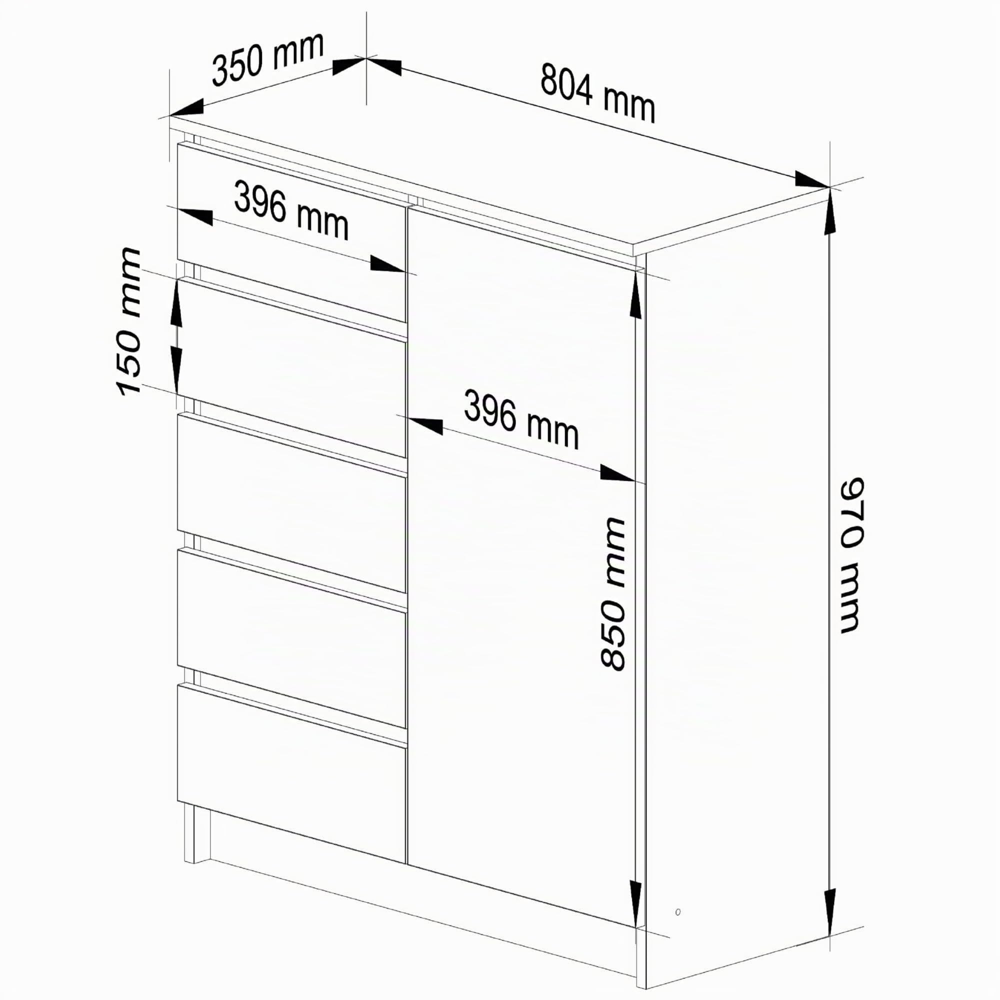 AKORD Kommode K80 mit 5 Schubladen, Schrank mit 1 Tür 3 Regalböden, Für das Wohnzimmer Schlafzimmer, Moderne, 16mm Laminierte Platte, B80xH97xT35 cm, Farbe Artisan-Eiche & Graphitgrau