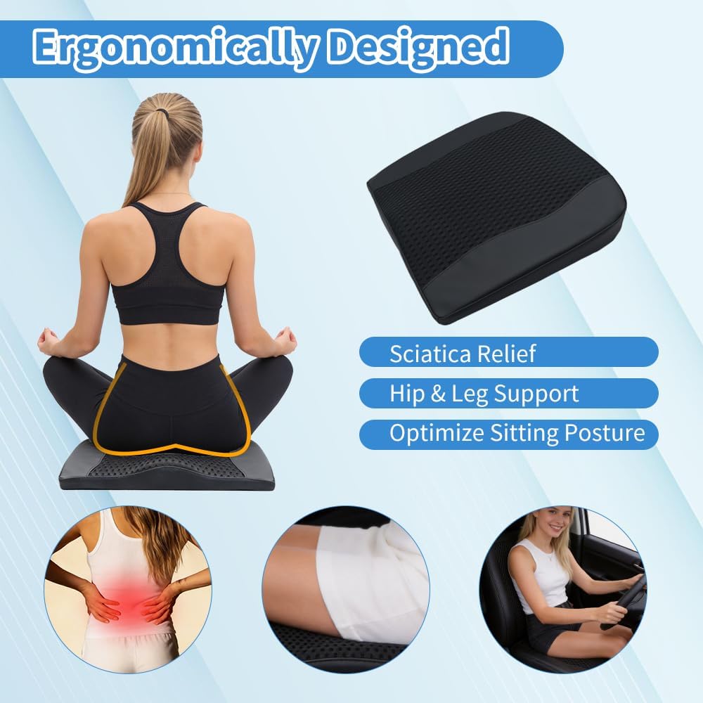 Car Seat Cushion for Long Driving Memory Foam Wedge Leather Cushion for Back Pain & Tailbone Pain Relief Non Slip & Ergonomic Car Seat Pillow Pad, Fit for Most Car Truck Office Chair & Wheelchair