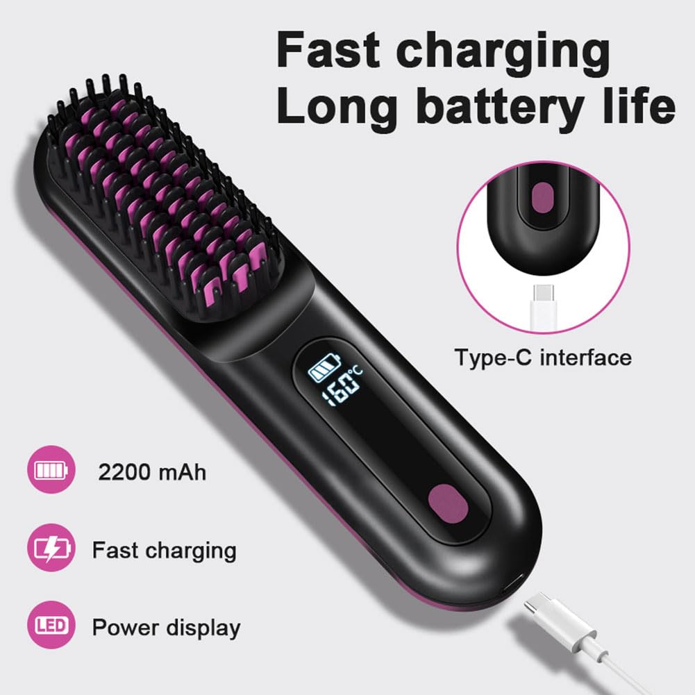Spazzola per Capelli Elettrica, Spazzola Lisciante Senza Fili, Ricaricabile, Spazzola Riscaldante, per Donne e Uomini Senza Fili con display a LED, 3 Livelli di Temperatura per Lisciare e Arricciare